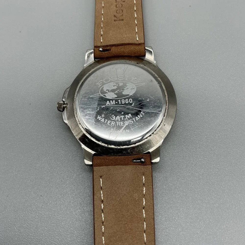 Fossil Mens Watch 38mm White Dial Brown Leather Date AM-1960 New Battery